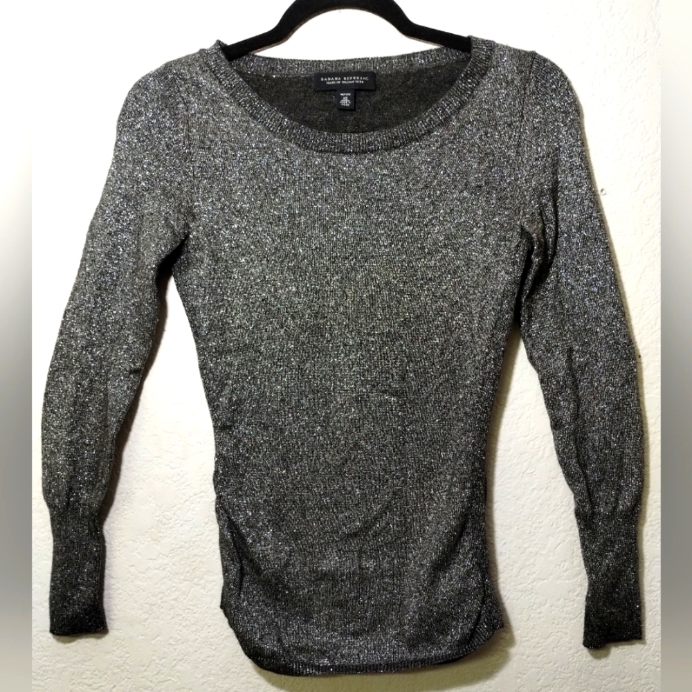 Banana Republic Gray Metallic Ruched Sweater Shirt of Italian Yarn Petite XS